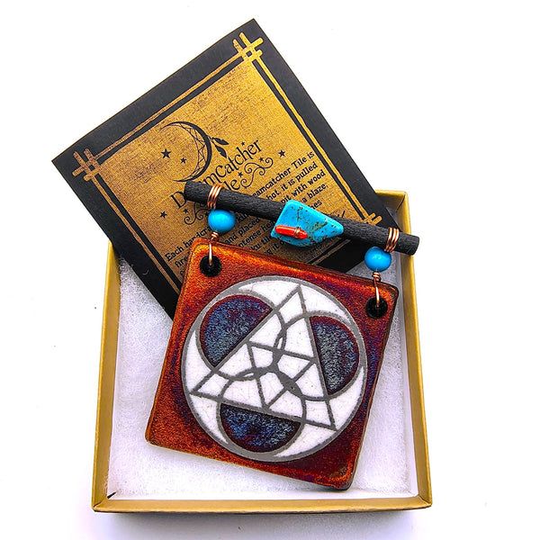 Raku Mini Dreamcatcher Tile Triangle Sacred Geometry Glazed with Turquoise and Copper 3"
