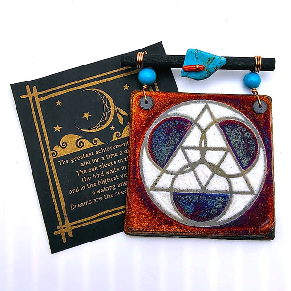 Raku Mini Dreamcatcher Tile Triangle Sacred Geometry Glazed with Turquoise and Copper 3"
