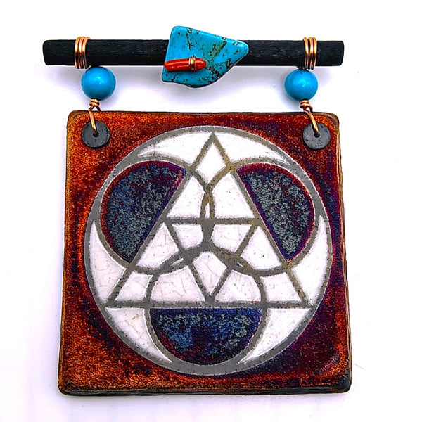 Raku Mini Dreamcatcher Tile Triangle Sacred Geometry Glazed with Turquoise and Copper 3"