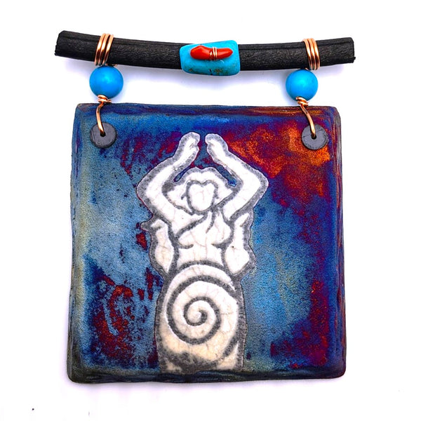 Raku Mini Dreamcatcher Tile Mother Nature Glazed with Turquoise and Copper 3"