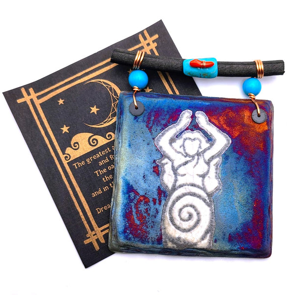 Raku Mini Dreamcatcher Tile Mother Nature Glazed with Turquoise and Copper 3"