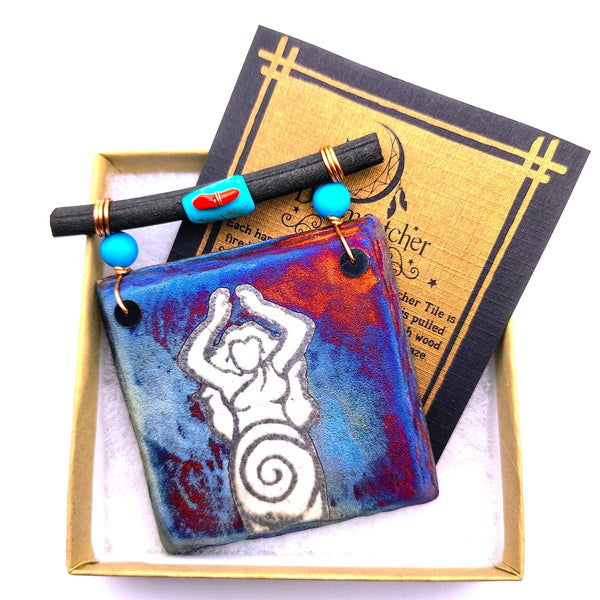 Raku Mini Dreamcatcher Tile Mother Nature Glazed with Turquoise and Copper 3"