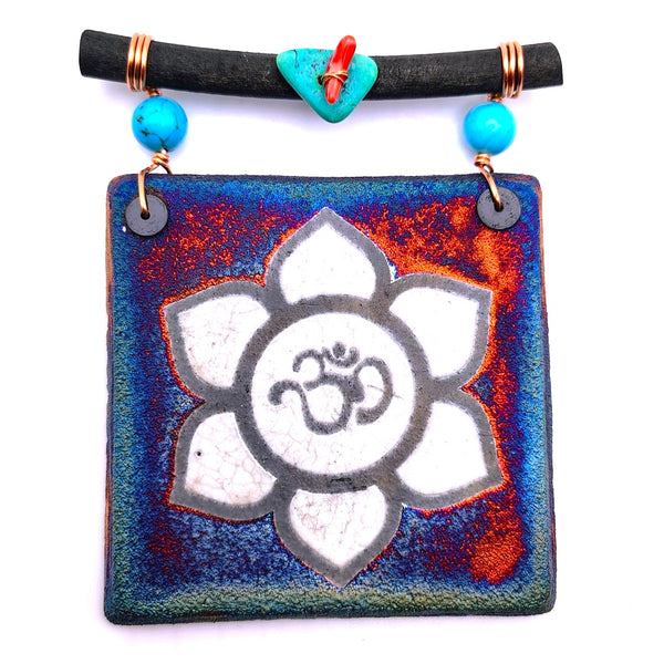 Raku Mini Dreamcatcher Tile Ohm Lotus Flower Glazed with Turquoise and Copper 3"