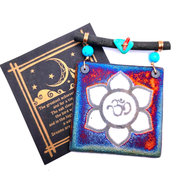 Raku Mini Dreamcatcher Tile Ohm Lotus Flower Glazed with Turquoise and Copper 3"
