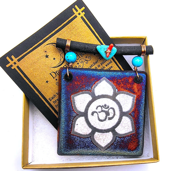 Raku Mini Dreamcatcher Tile Ohm Lotus Flower Glazed with Turquoise and Copper 3"