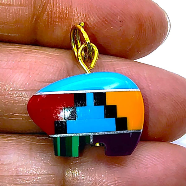 Southwestern Mosaic Inlay Zuni Bear colorful Pendant