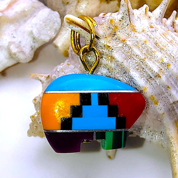 Southwestern Mosaic Inlay Zuni Bear colorful Pendant