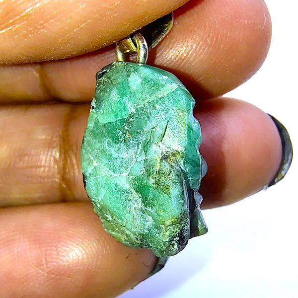 Emerald Raw Carved Face Pendant Sterling Silver