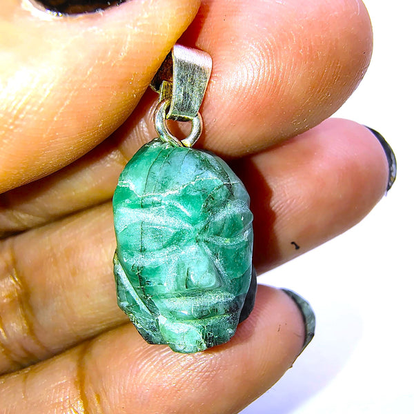 Emerald Raw Carved Face Pendant Sterling Silver