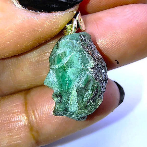 Emerald Raw Carved Face Pendant Sterling Silver