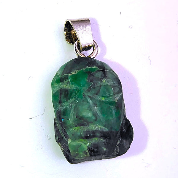 Emerald Raw Carved Face Pendant Sterling Silver