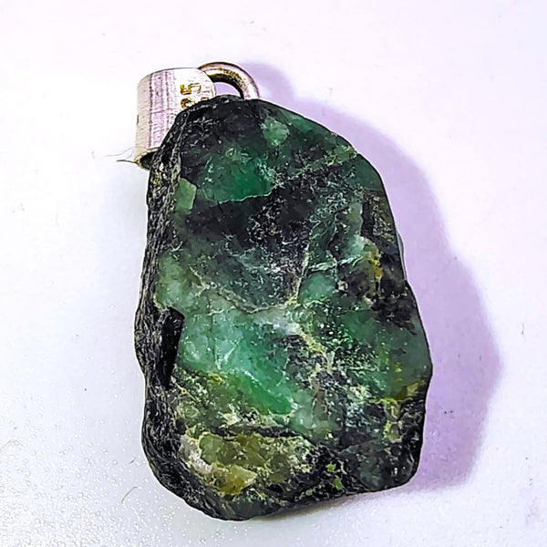 Emerald Raw Carved Face Pendant Sterling Silver