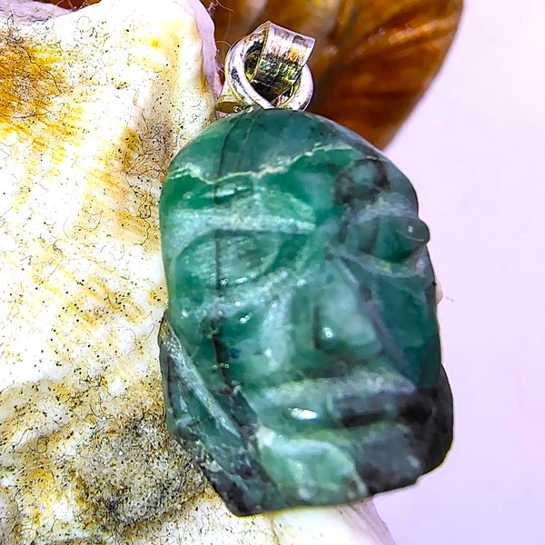 Emerald Raw Carved Face Pendant Sterling Silver
