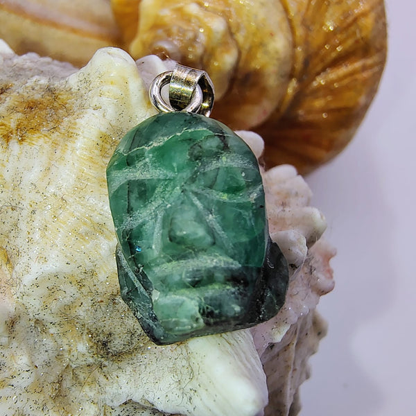 Emerald Raw Carved Face Pendant Sterling Silver