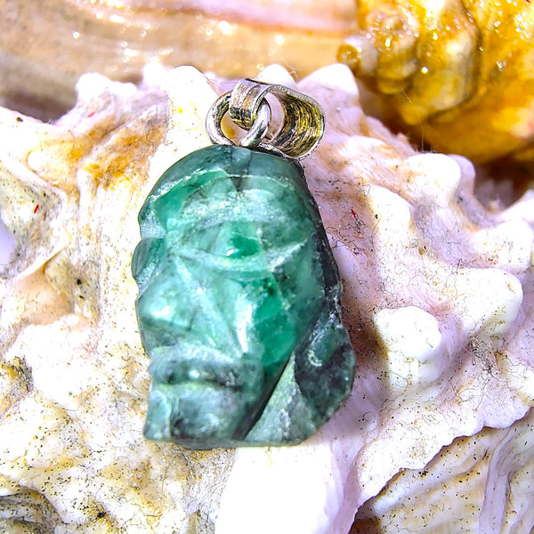 Emerald Raw Carved Face Pendant Sterling Silver