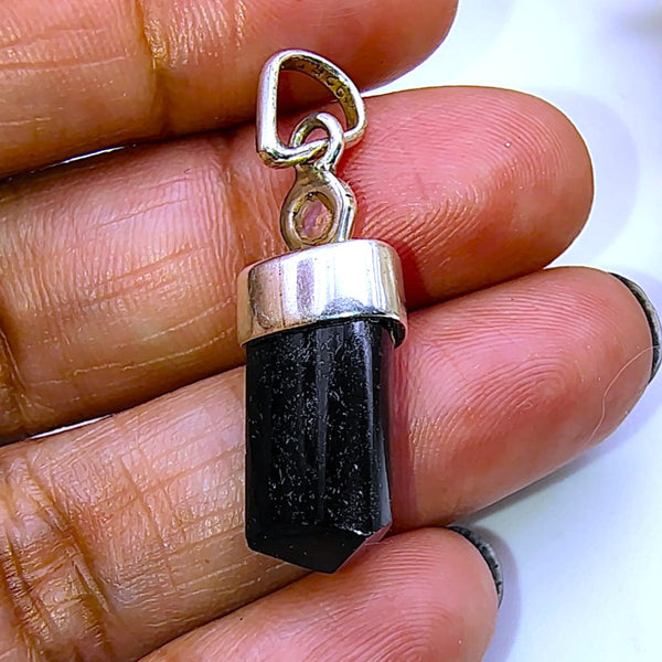 Black Tourmaline with Clear Quartz Cap Pencil Pendant