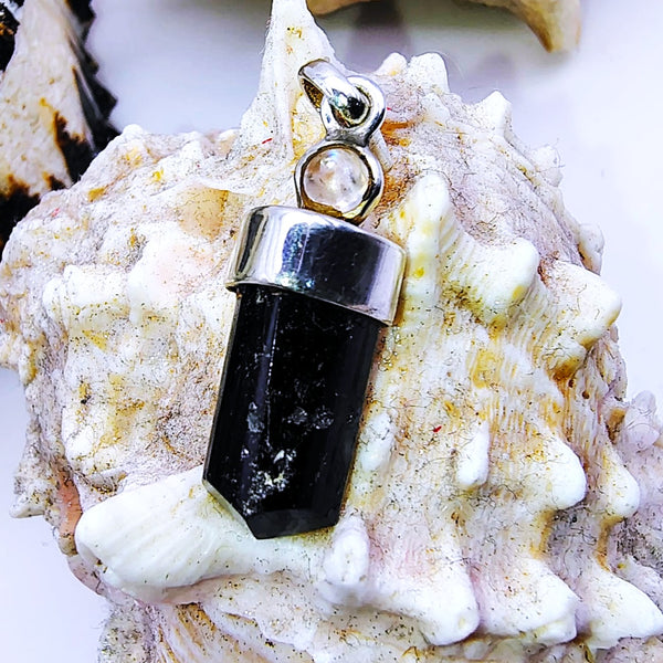 Black Tourmaline with Clear Quartz Cap Pencil Pendant