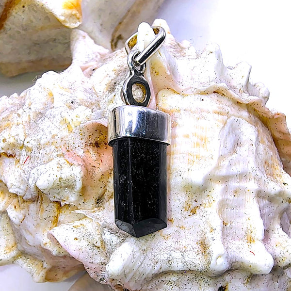Black Tourmaline with Clear Quartz Cap Pencil Pendant