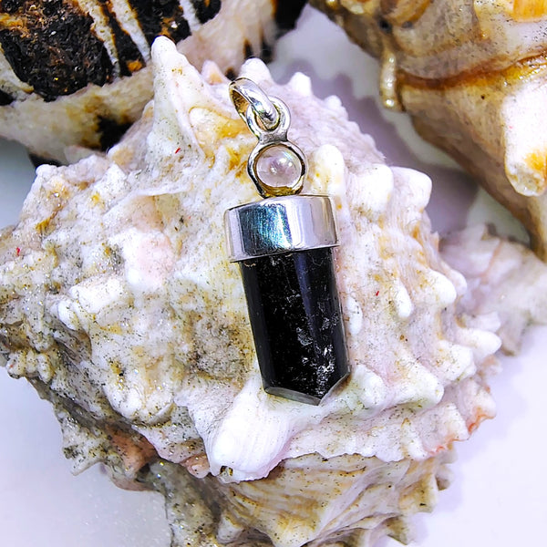 Black Tourmaline with Clear Quartz Cap Pencil Pendant