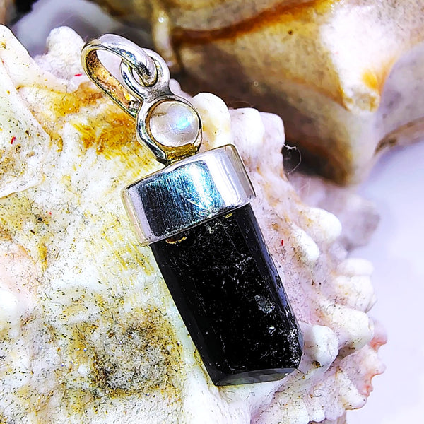 Black Tourmaline with Clear Quartz Cap Pencil Pendant
