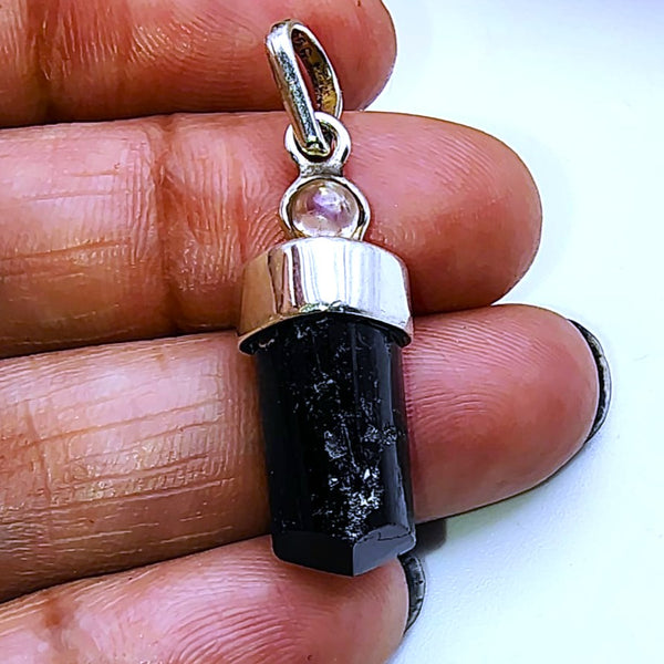Black Tourmaline with Clear Quartz Cap Pencil Pendant