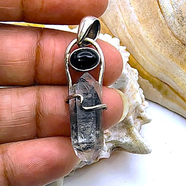 Herkimer Diamond double Point Pencil, Onyx and Sterling Silver Pendant