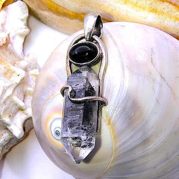 Herkimer Diamond double Point Pencil, Onyx and Sterling Silver Pendant
