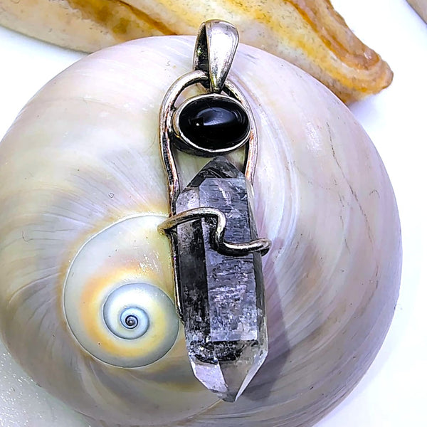 Herkimer Diamond double Point Pencil, Onyx and Sterling Silver Pendant