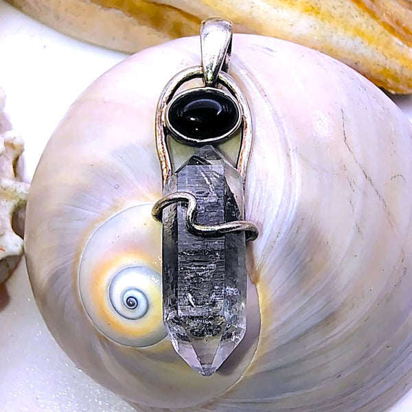 Herkimer Diamond double Point Pencil, Onyx and Sterling Silver Pendant