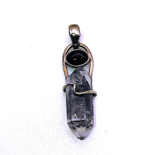 Herkimer Diamond double Point Pencil, Onyx and Sterling Silver Pendant
