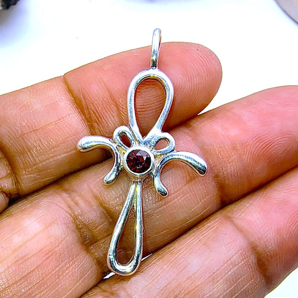 Garnet Cross Pendant Sterling Silver