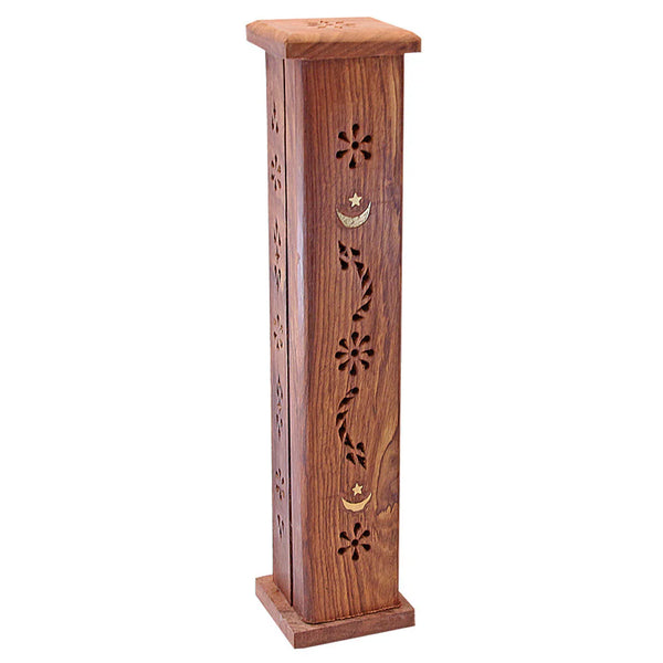 Moon and Star Tower Incense Burner Wood 12"