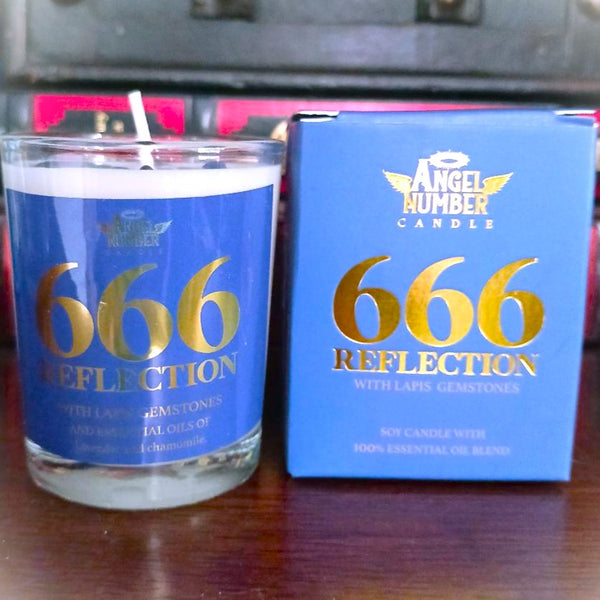 Angel Number Candle 666 Reflection with Lapis Gemstones