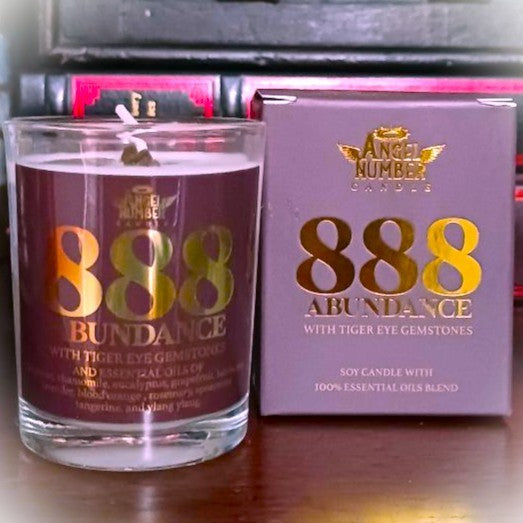Angel Number Candle 888 Abundance with Tiger Eye Gemstones