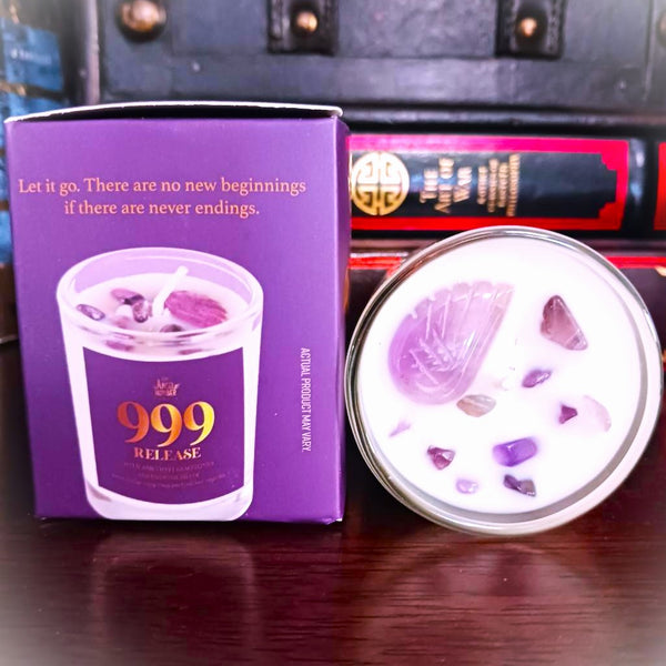 Angel Number Candle 999 Release with Amethyst Gemstones