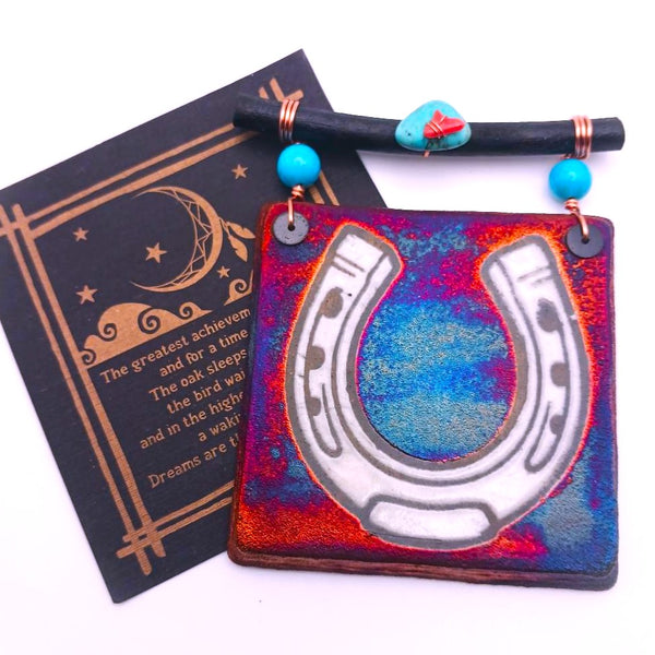 Raku Mini Dreamcatcher Tile Lucky Horse Shoe Glazed with Turquoise and Copper 3"