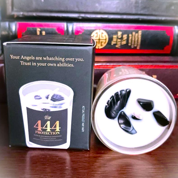 Angel Number Candle 444 Protection with Black Obsidian Gemstones