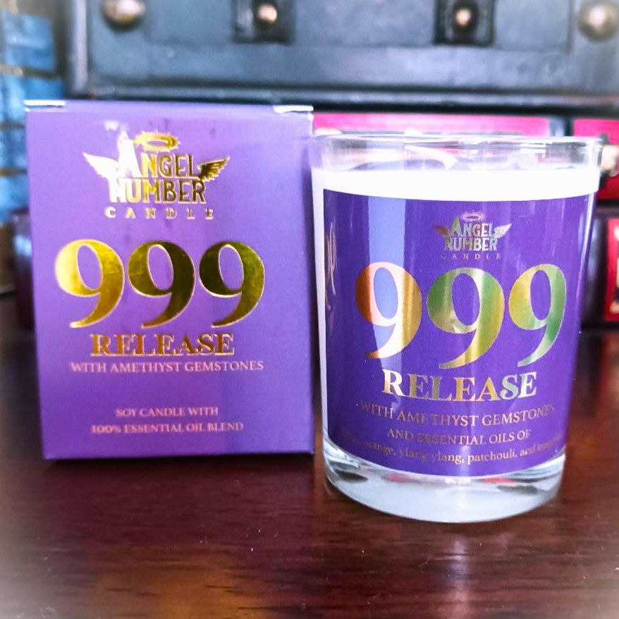 Angel Number Candle 999 Release with Amethyst Gemstones