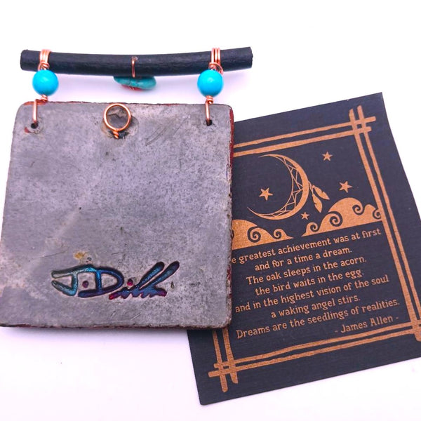 Raku Mini Dreamcatcher Tile Lucky Horse Shoe Glazed with Turquoise and Copper 3"
