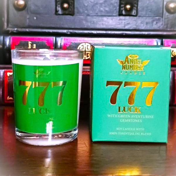 Angel Number Candle 777 Luck with Green Aventurine Gemstones