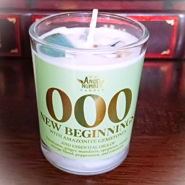 Angel Number Candle 000 New Beginnings with Amazonite Gemstones
