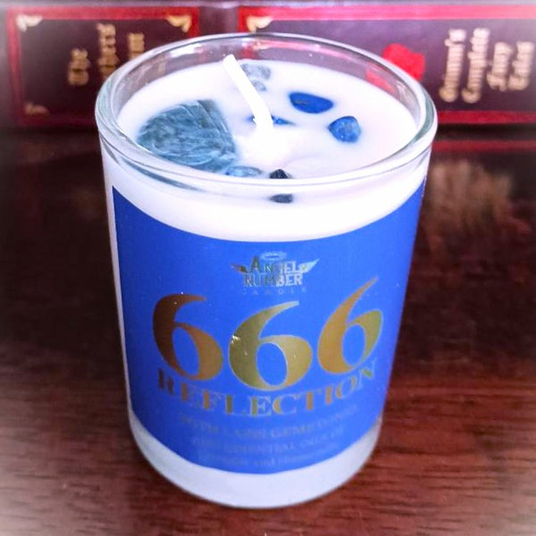Angel Number Candle 666 Reflection with Lapis Gemstones