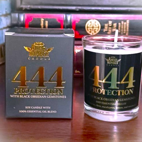 Angel Number Candle 444 Protection with Black Obsidian Gemstones