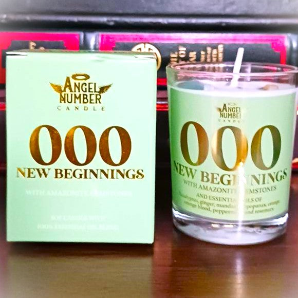Angel Number Candle 000 New Beginnings with Amazonite Gemstones
