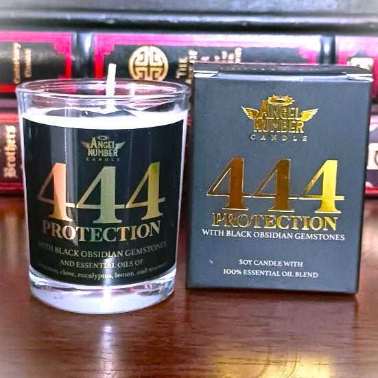 Angel Number Candle 444 Protection with Black Obsidian Gemstones