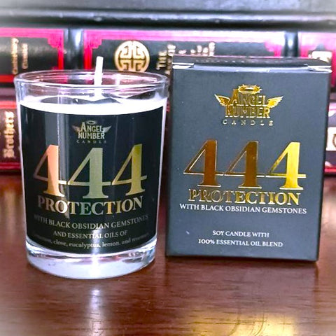 Angel Number Candle 444 Protection with Black Obsidian Gemstones