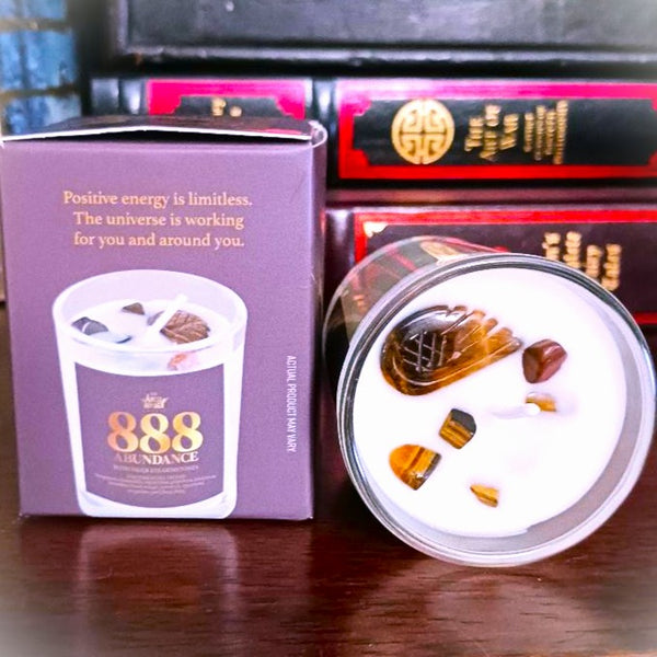 Angel Number Candle 888 Abundance with Tiger Eye Gemstones