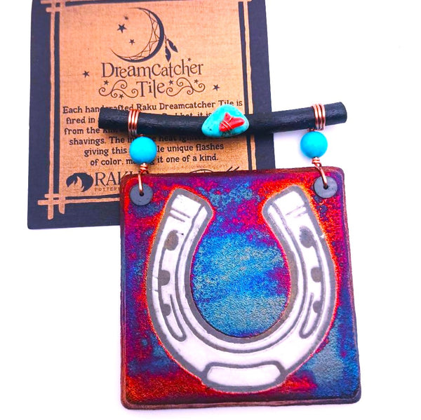 Raku Mini Dreamcatcher Tile Lucky Horse Shoe Glazed with Turquoise and Copper 3"