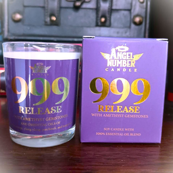 Angel Number Candle 999 Release with Amethyst Gemstones