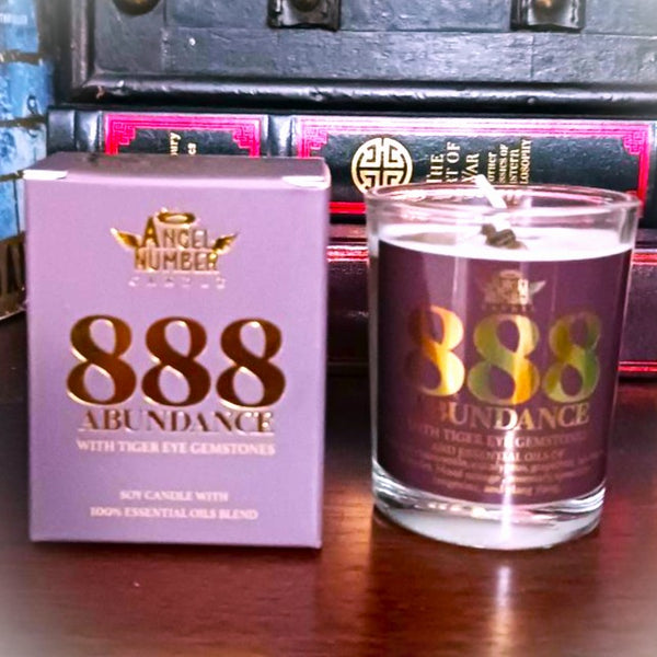 Angel Number Candle 888 Abundance with Tiger Eye Gemstones